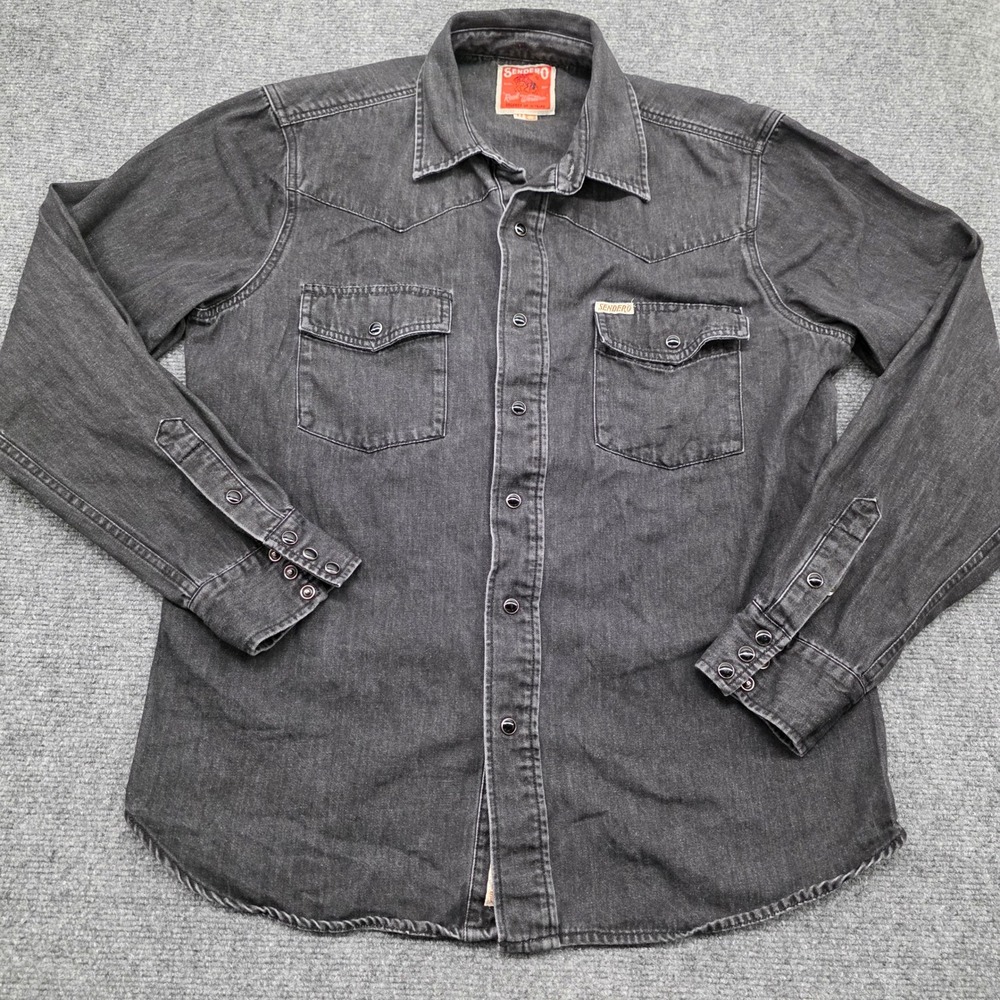 Sendero Provisions Co Mens Medium Black Denim Western Pearl Snap Shirt Cowboy